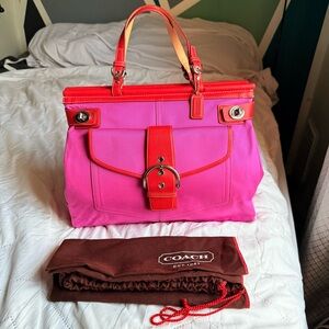 Rare Vintage Coach Turnlock Canvas & Leather Carryall Satchel - Pink & Red NWOT